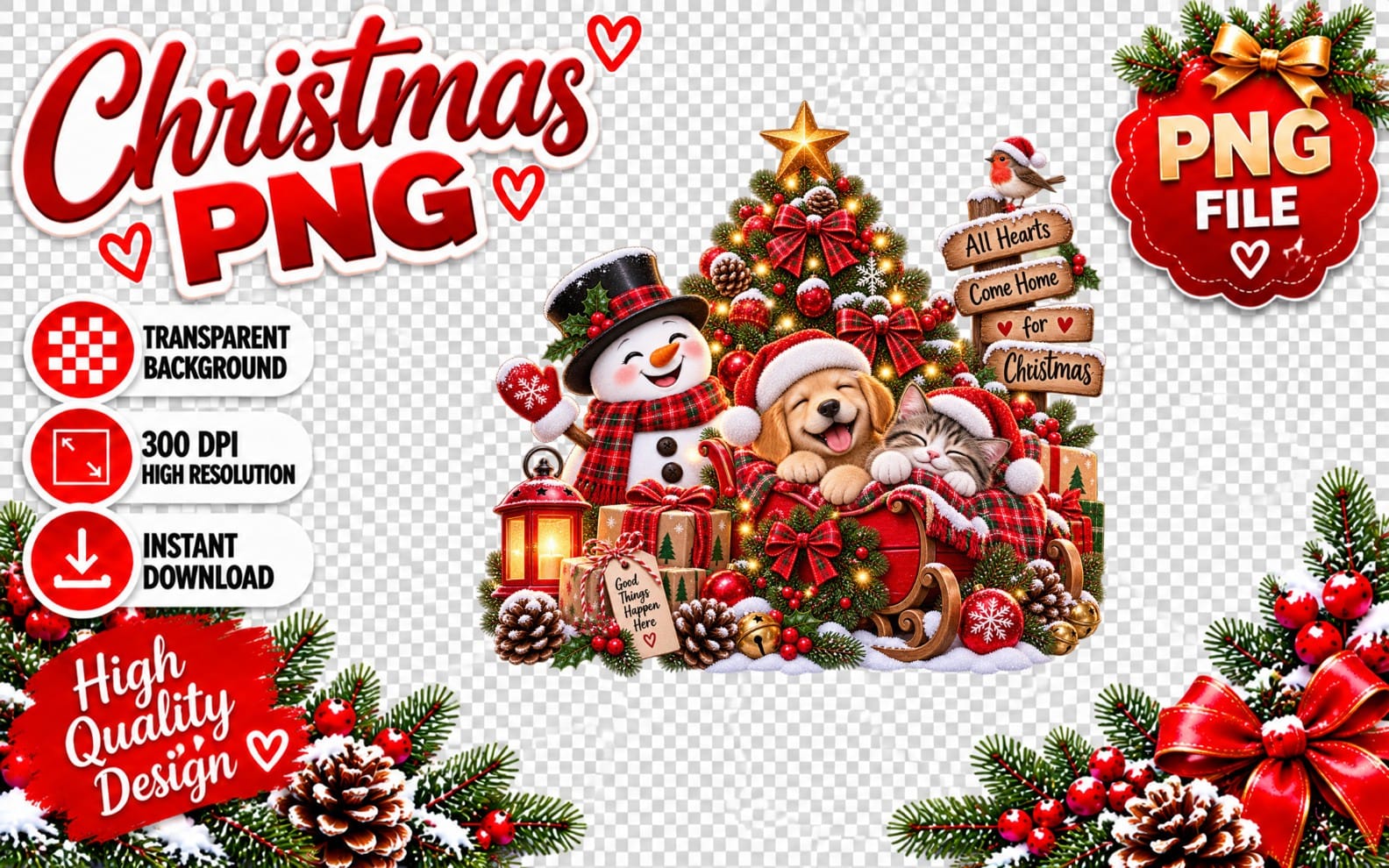 Cute Christmas PNG sublimation design with Santa, snowman, dog and cat in sleigh, hearts text, transparent background