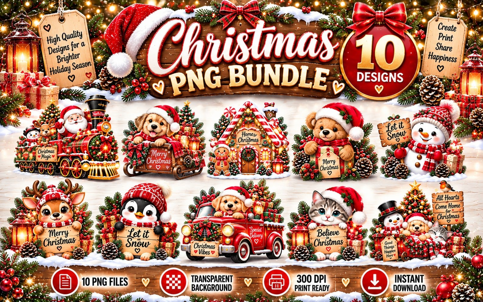 Christmas PNG bundle banner with cute holiday animals, gifts, and lights advertising 10 printable designs