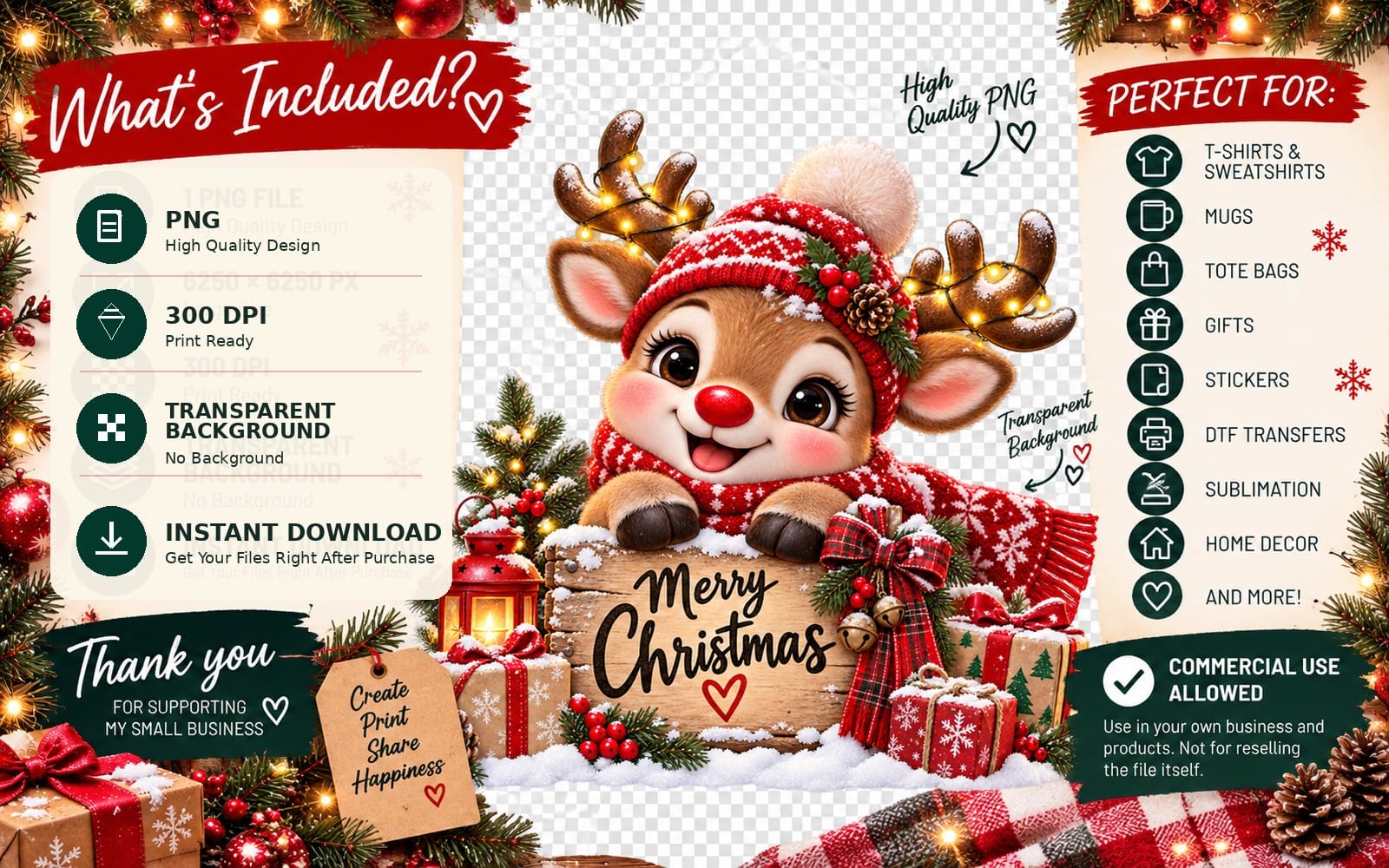 Cute Christmas reindeer character with lights, red hat and scarf on a transparent PNG background design