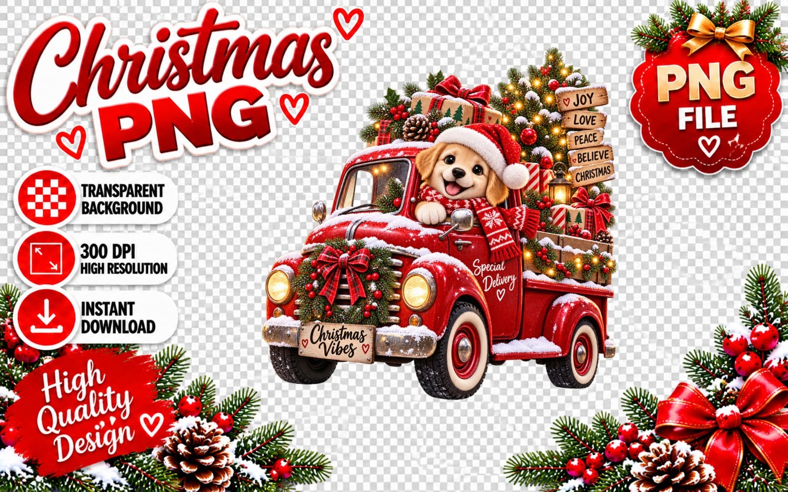 Cute Christmas puppy in a red truck with wreaths and ornaments PNG sublimation design on transparent background