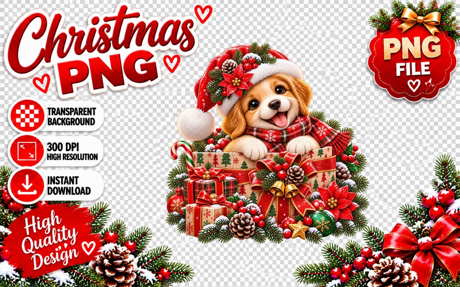 Cute Christmas puppy dog in a red gift box with holiday wreath elements, Christmas PNG clipart