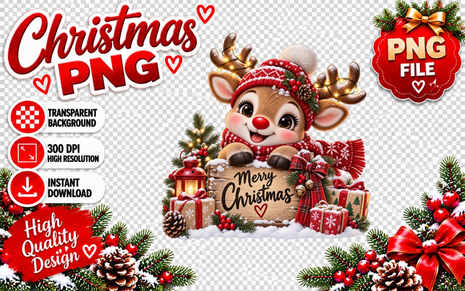 Cute Christmas reindeer character with Merry Christmas text on transparent PNG sublimation design