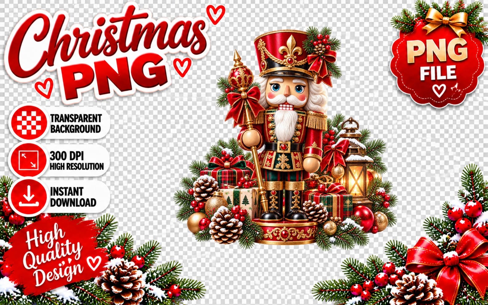 Cute Christmas nutcracker PNG with festive ornaments, candy cane text, and transparent background for holiday design