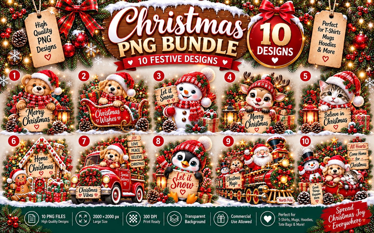 Christmas PNG Bundle | 10 Cute Christmas Designs | Commercial Use