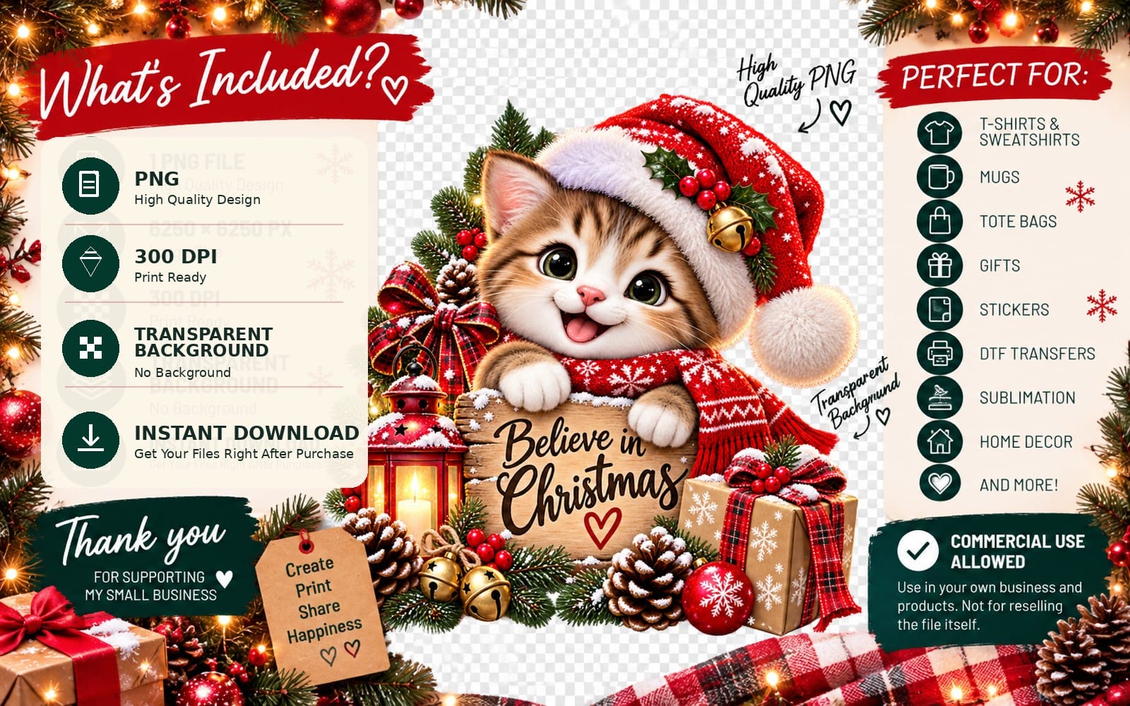 Cute Christmas kitten in Santa hat holding a sign, with Believe in Christmas text, provided as a transparent PNG