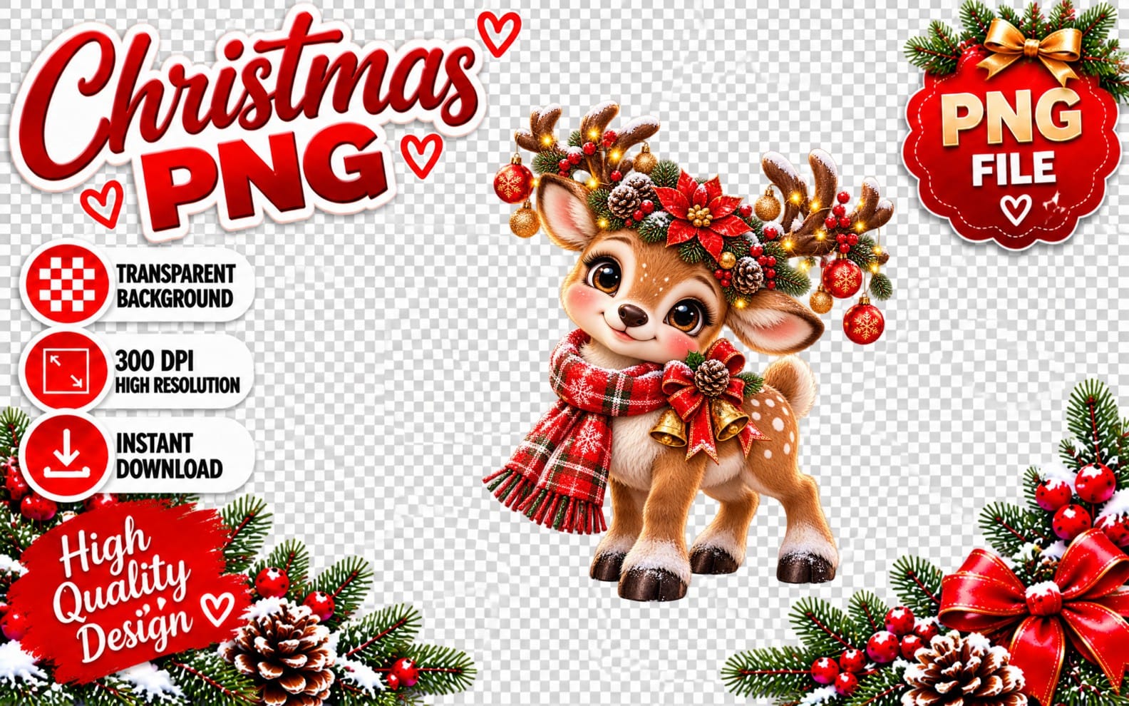 Cute Christmas reindeer baby deer PNG clipart with bells and festive holiday ornaments on a transparent background