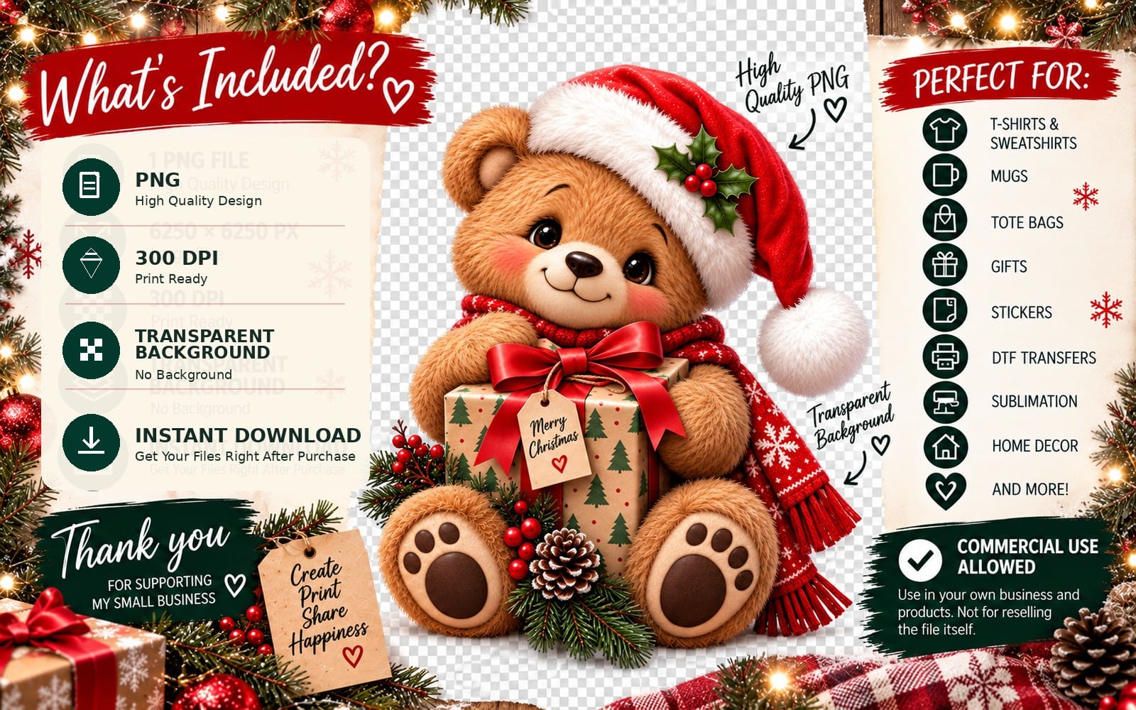 Cute Christmas teddy bear with red Santa hat holding a gift box PNG sublimation design on transparent background