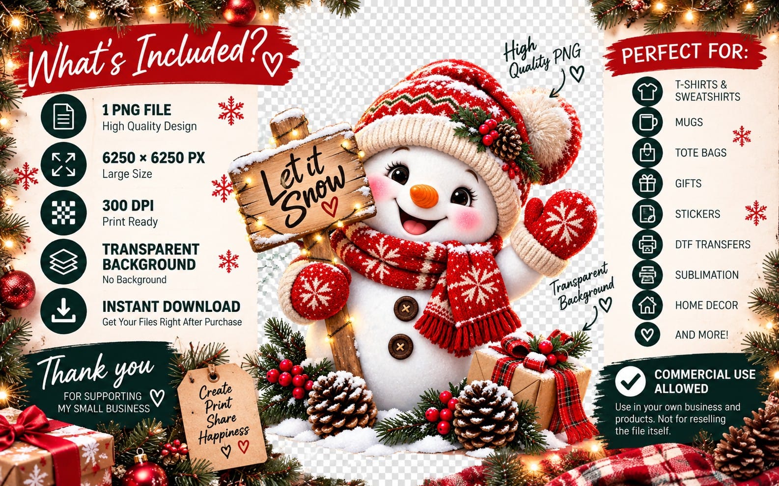 Cute smiling snowman wearing a red scarf and hat with lights and “Let it snow” sign on transparent PNG Christmas design