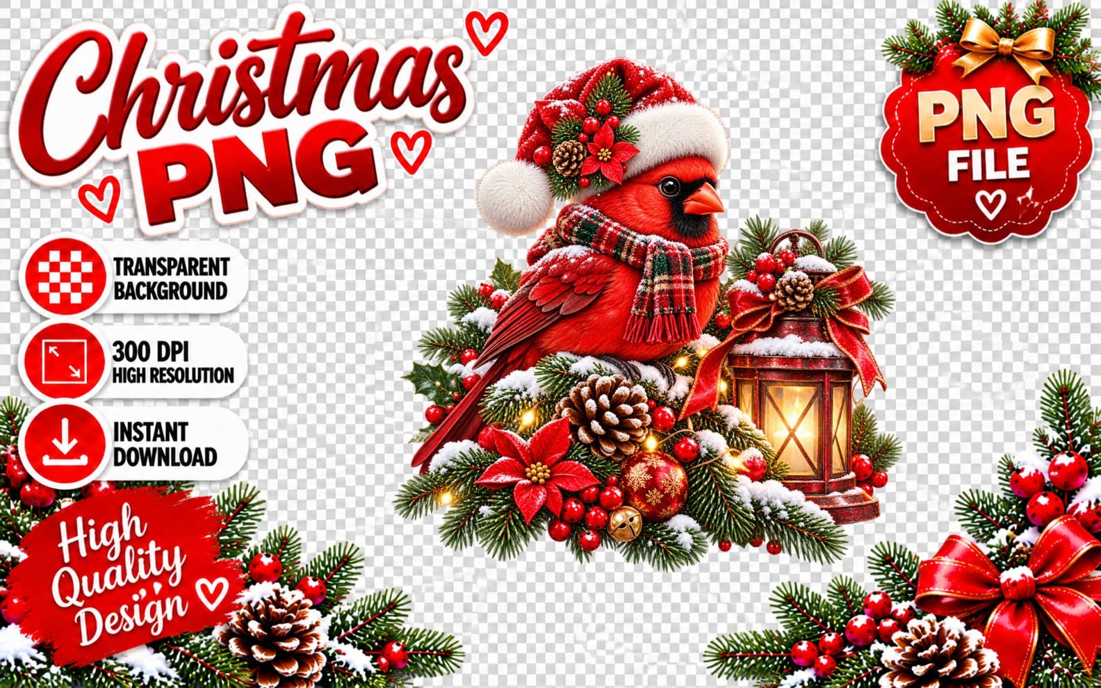 Christmas cardinal PNG with Santa hat, winter holly and lantern, holiday design on transparent background