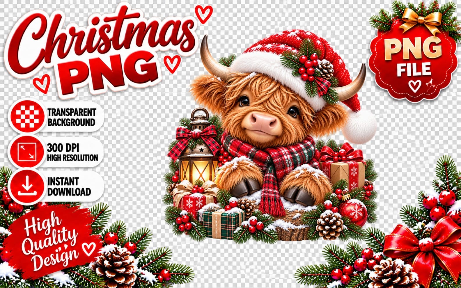 Cute Highland cow wearing Santa hat holding a lantern Christmas PNG clipart with transparent background