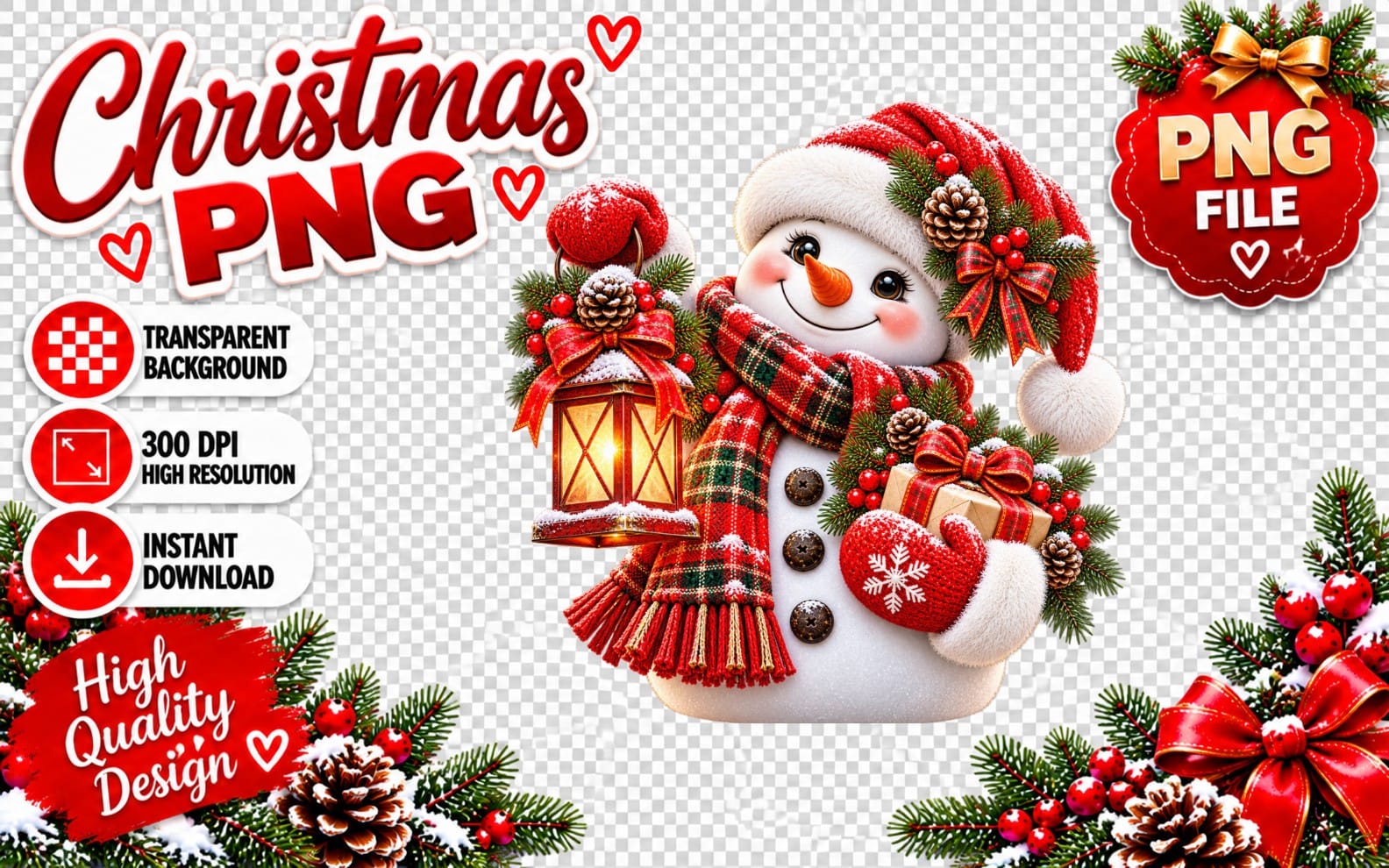 Cute Christmas snowman PNG clipart holding a lantern, wearing a red hat and scarf with winter decorations on