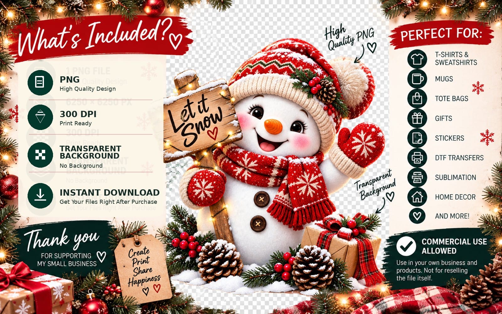 Cute Christmas snowman in red knit hat and scarf with sign saying Let it Snow PNG sublimation design