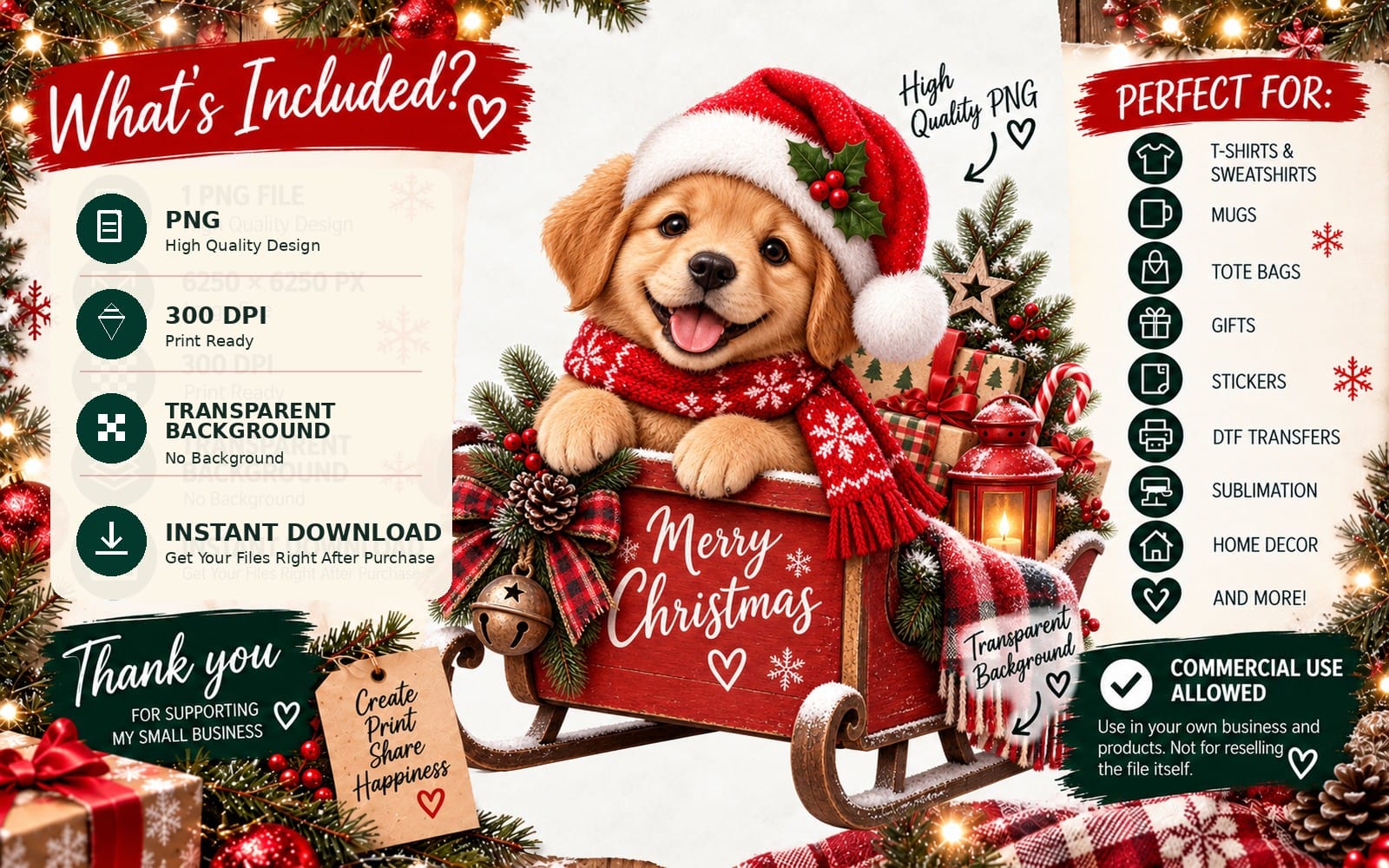 Cute golden puppy wearing a red Santa hat and scarf on a Christmas sleigh, PNG sublimation design with festive lights