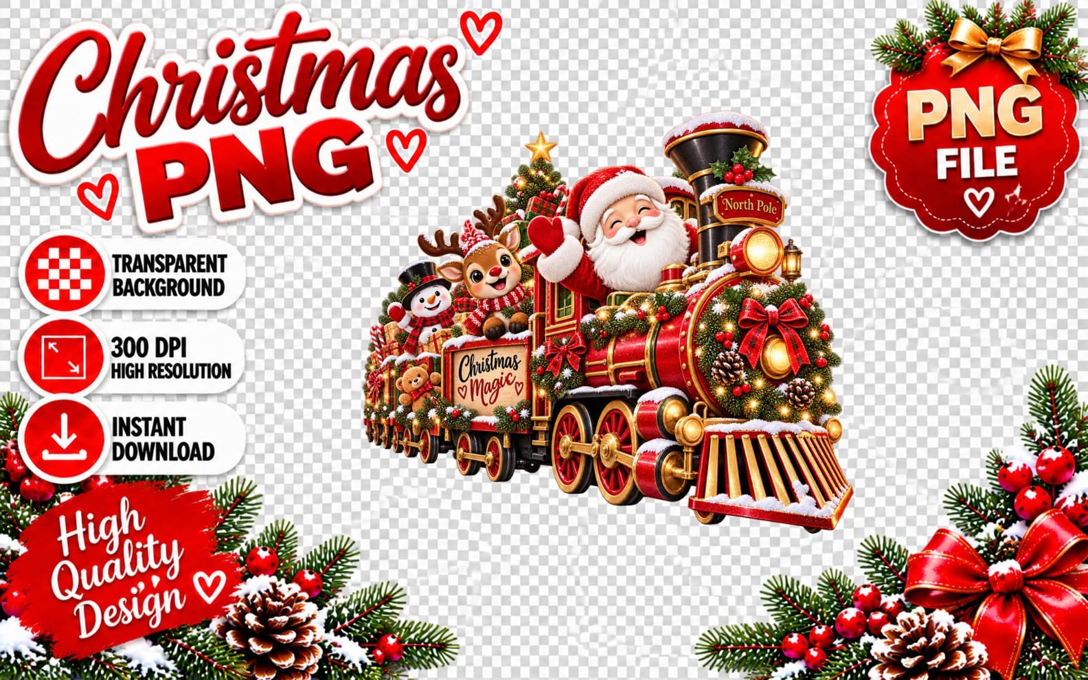 Christmas magic train PNG with Santa, reindeer, North Pole sign, and transparent background for sublimation design