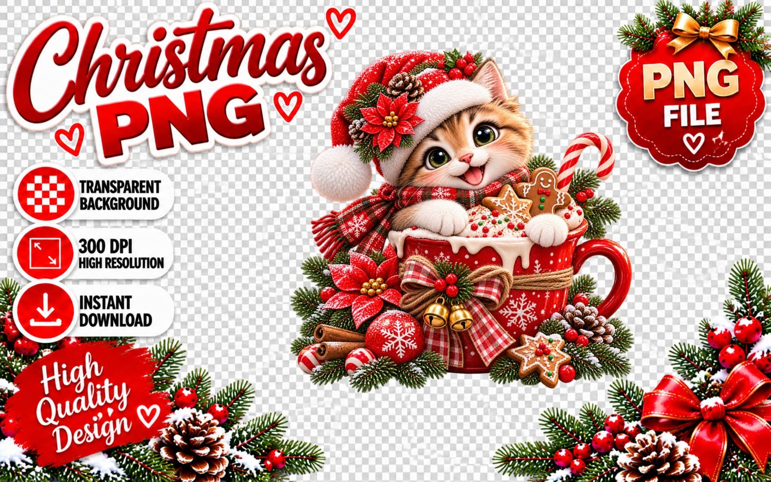 Cute kitten in Santa hat sitting in a red hot cocoa mug with Christmas ornaments and a transparent PNG holiday design