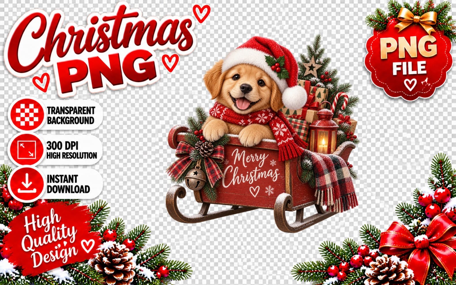 Cute golden puppy in a Santa hat on a sleigh with Merry Christmas text, Christmas PNG sublimation design