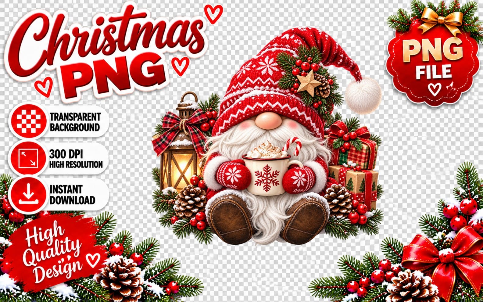 Cute Christmas gnome with hat and lantern, surrounded by holiday decorations, commercial PNG clipart on transparent
