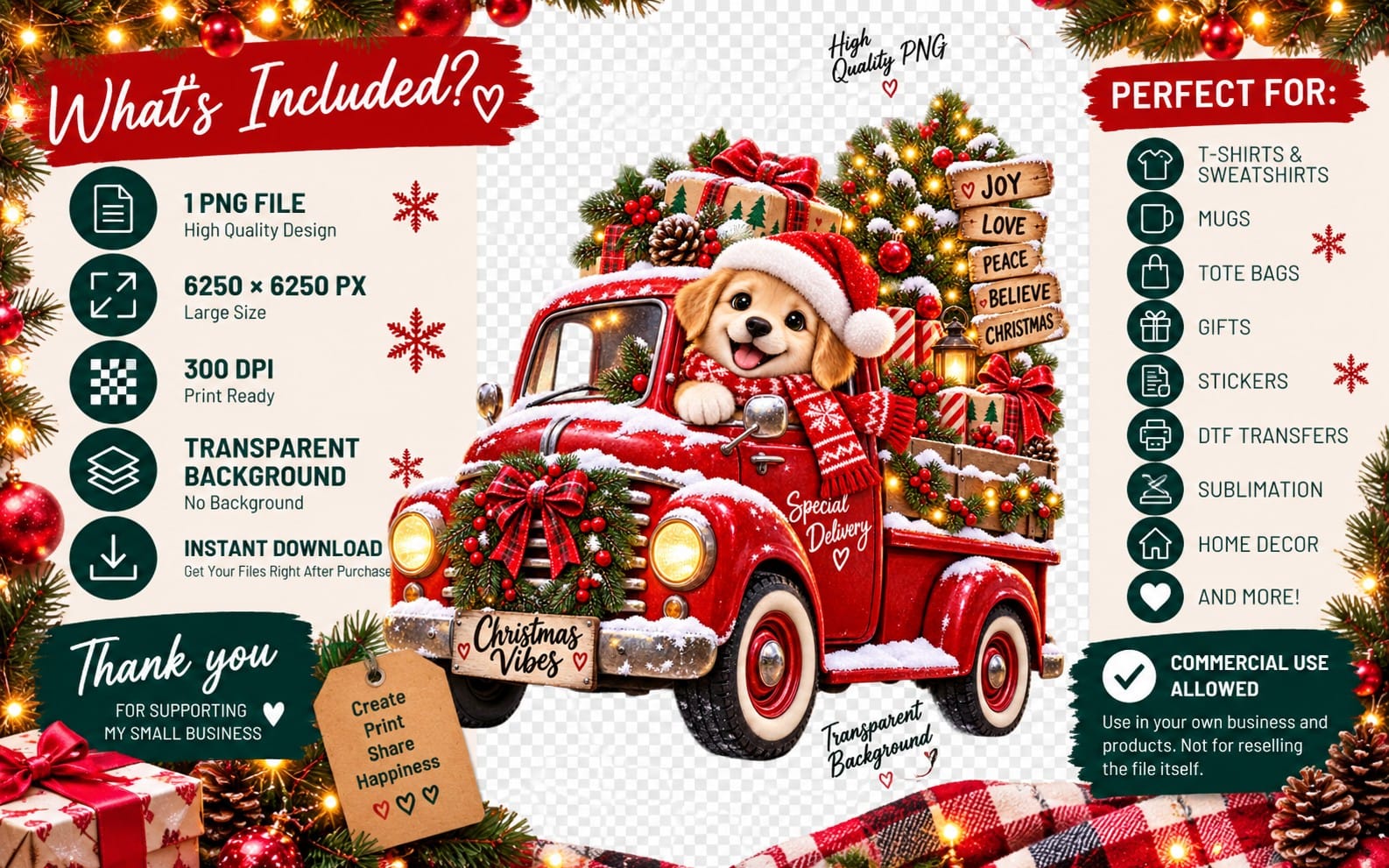 Christmas Vibes Puppy PNG | Cute Red Truck Christmas Sublimation Design