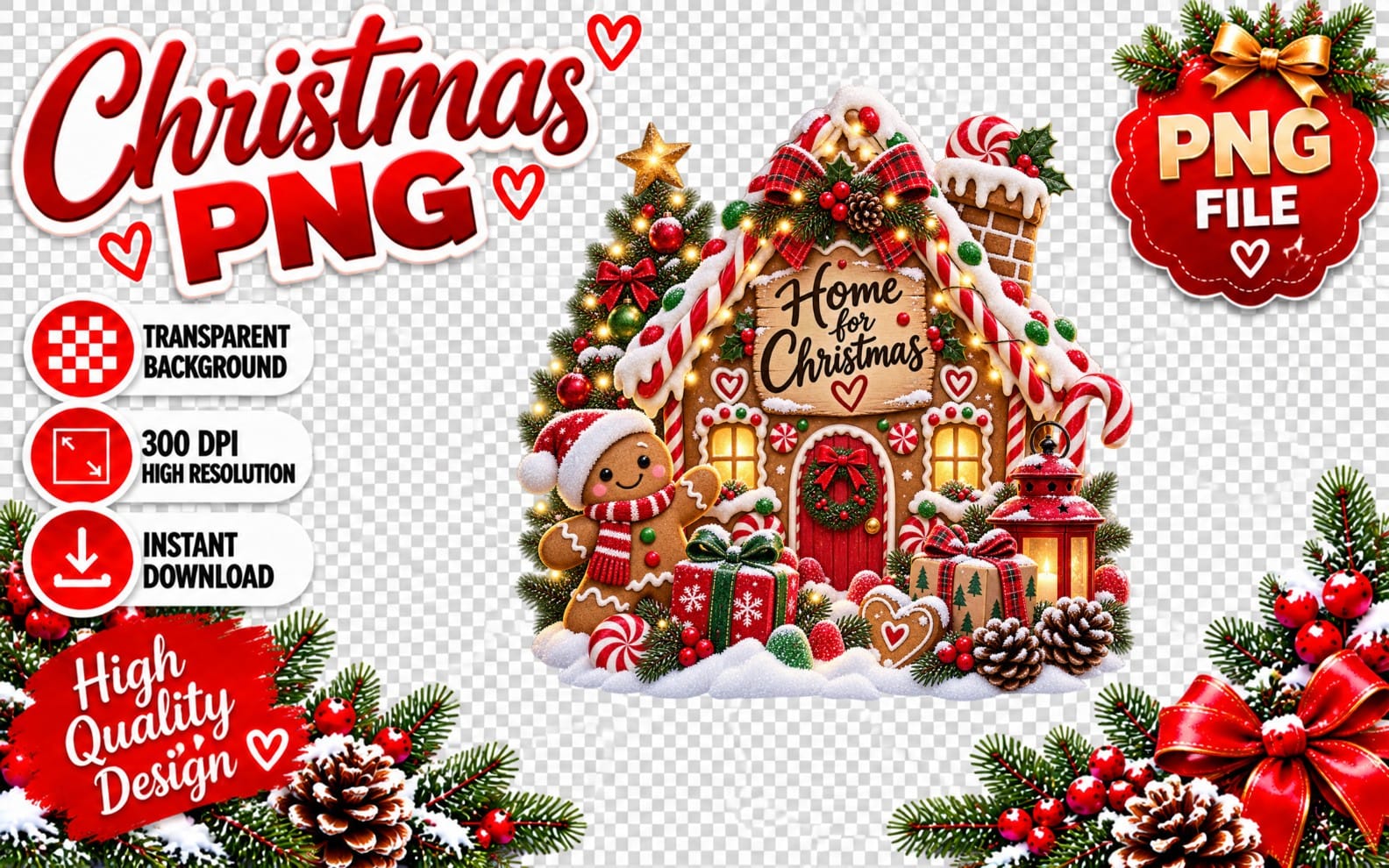 Christmas gingerbread house PNG with festive ornaments, candy decorations, and transparent background for sublimation