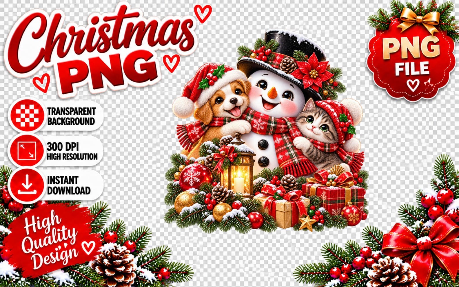 Cute Christmas snowman with a puppy and kitten hugging with holiday lights wreath and transparent PNG background