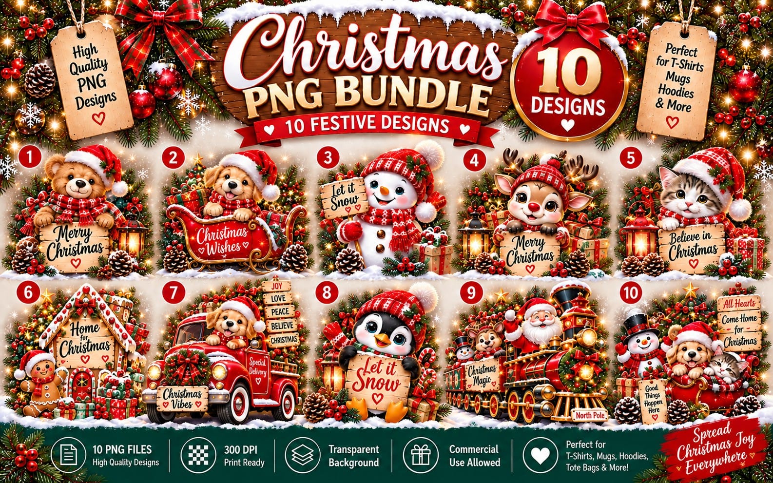 Christmas PNG bundle banner showing 10 cute holiday character designs on transparent background, commercial use graphics