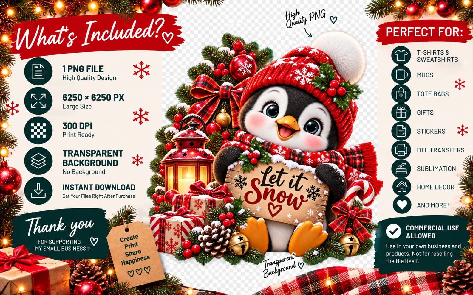 Cute Christmas Penguin PNG | Let It Snow Sublimation Design