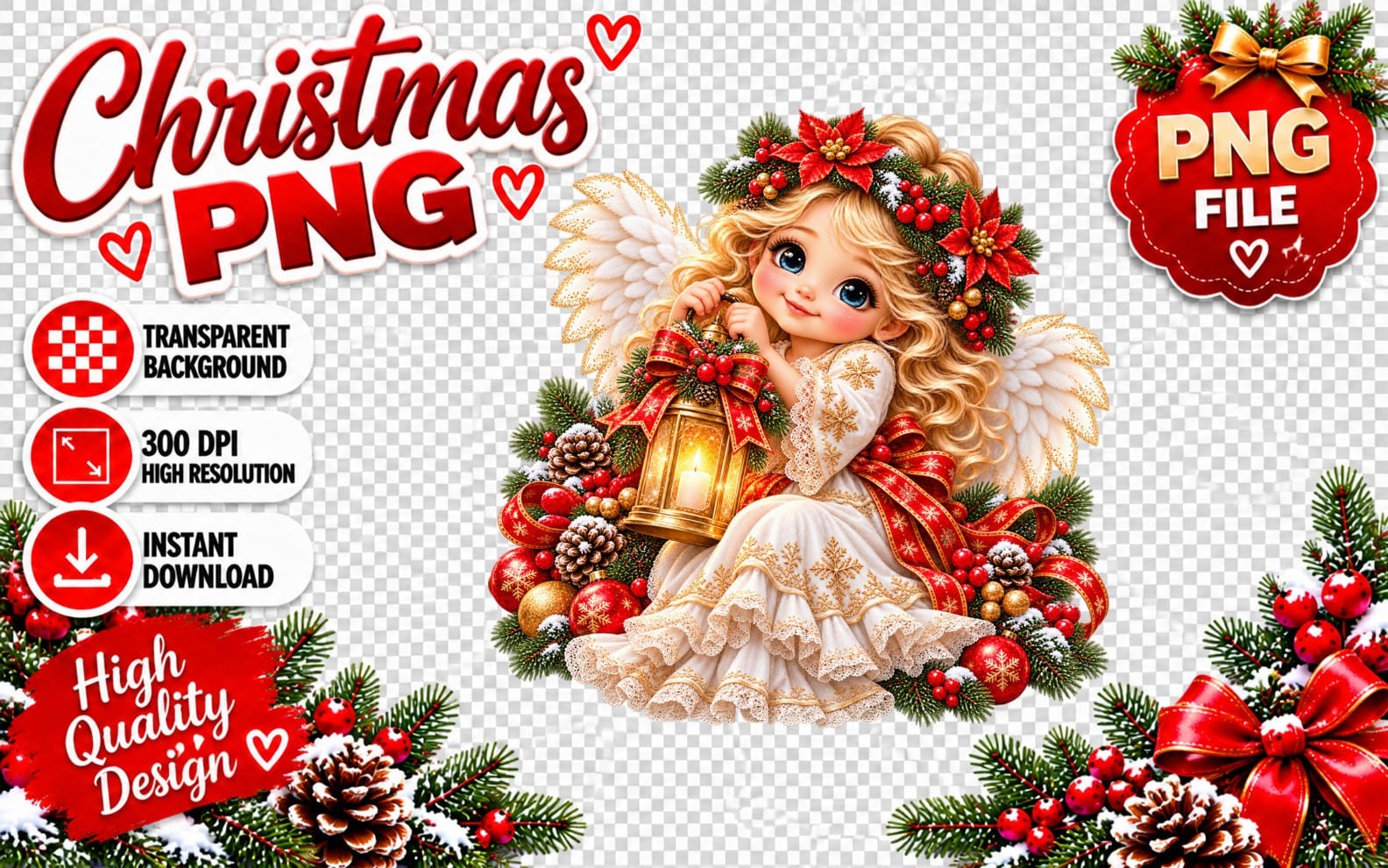 Cute Christmas angel PNG clipart holding a glowing lantern with poinsettias, bows, ornaments, and transparent background
