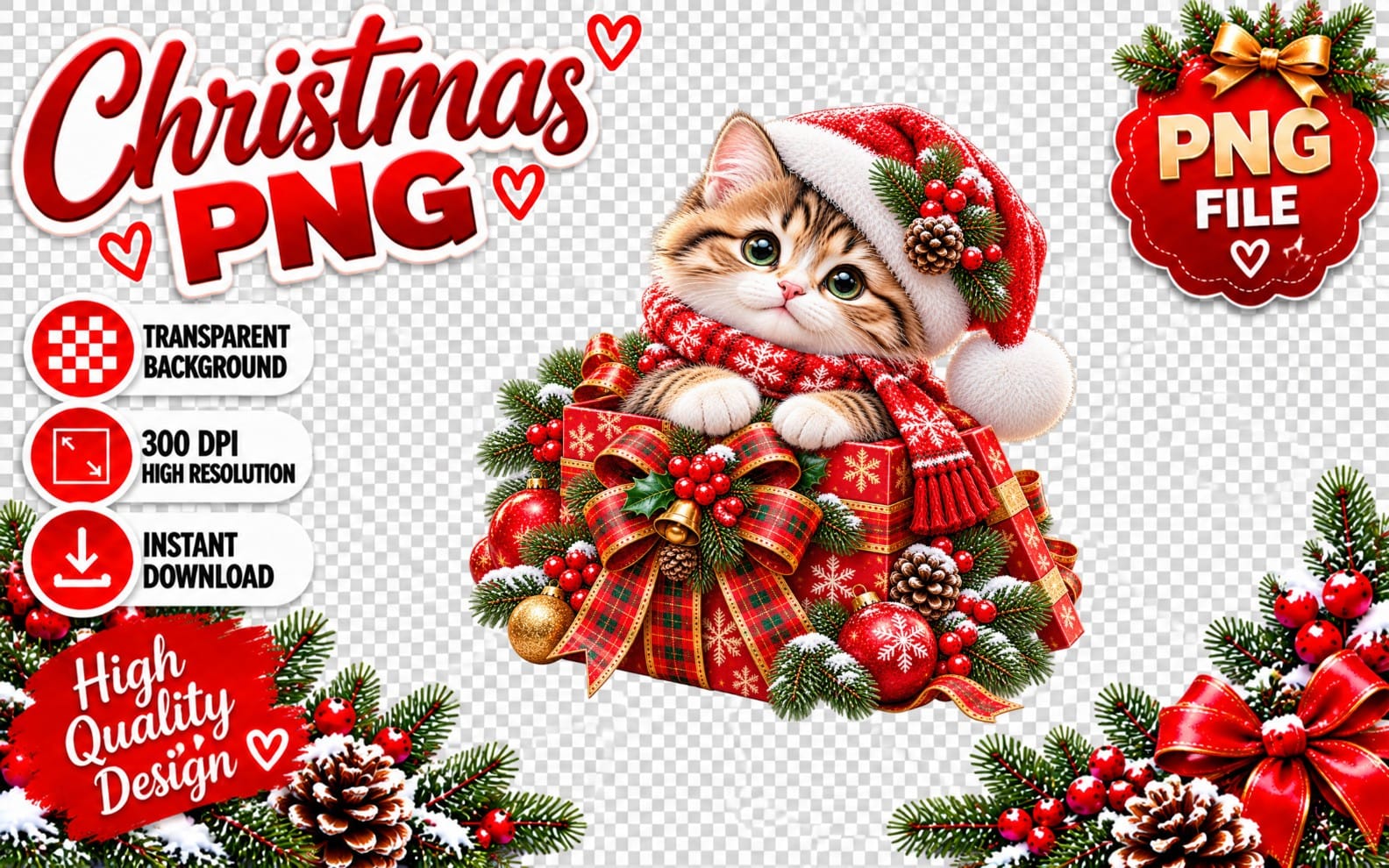 Cute Christmas kitten in Santa hat sitting in gift box with holiday ornaments and transparent PNG badge design