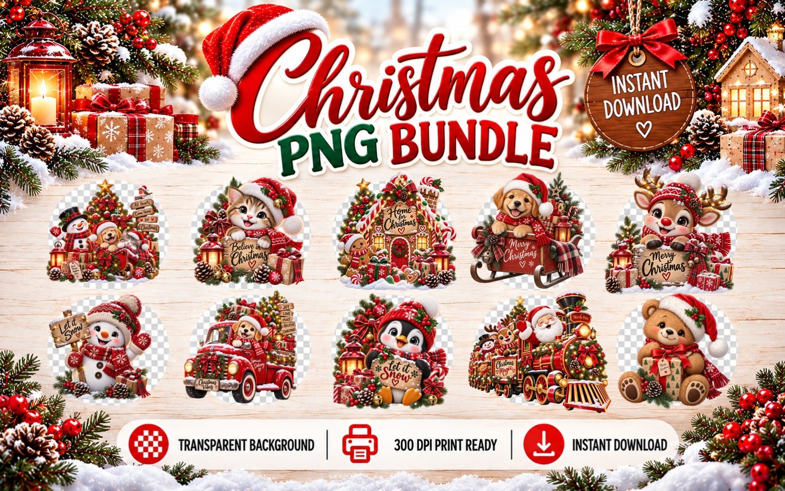 Christmas PNG bundle banner with cute animals, Santa and holiday elements on transparent-ready designs