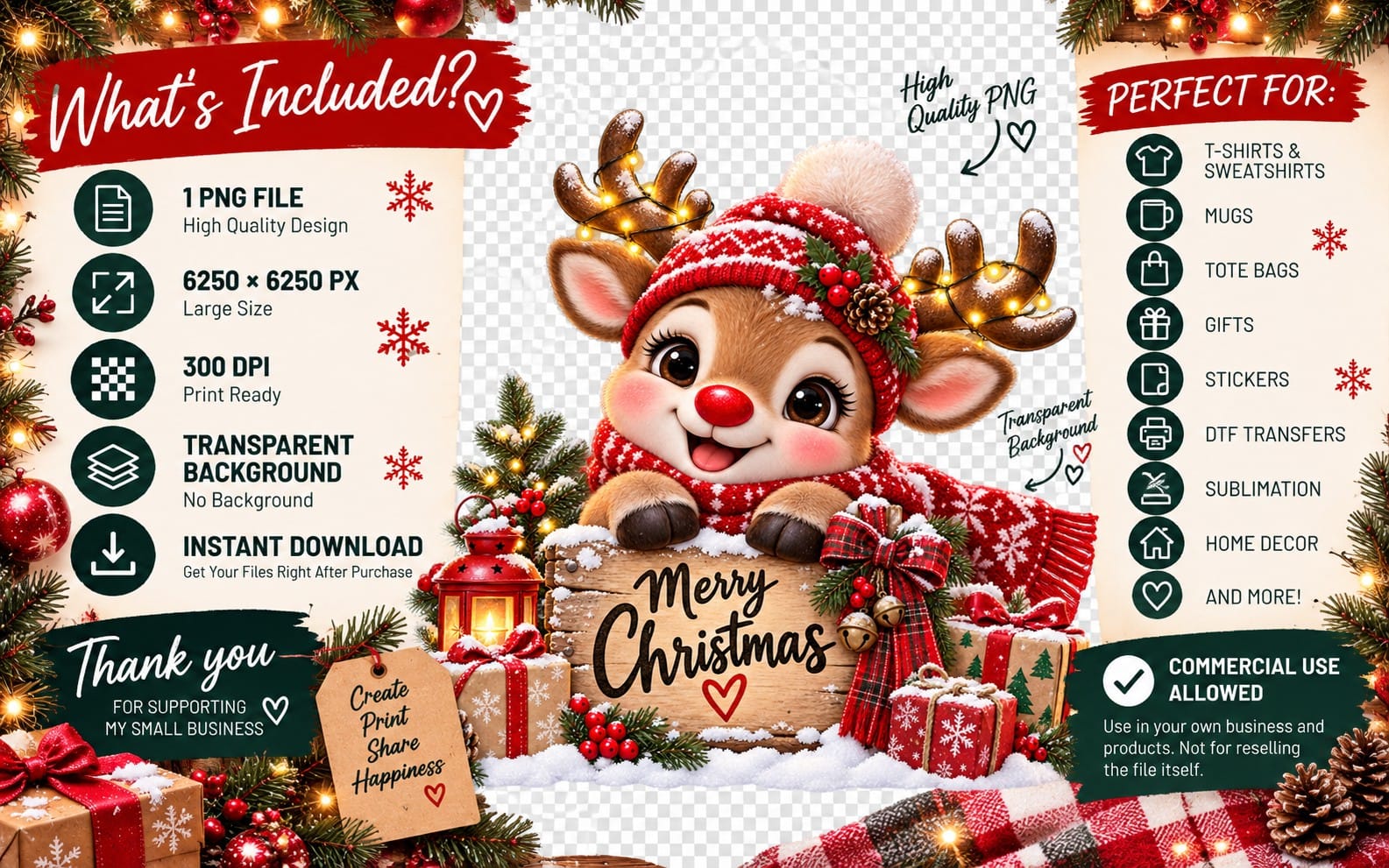 Cute Christmas reindeer PNG with scarf, lights, and Merry Christmas text on transparent background