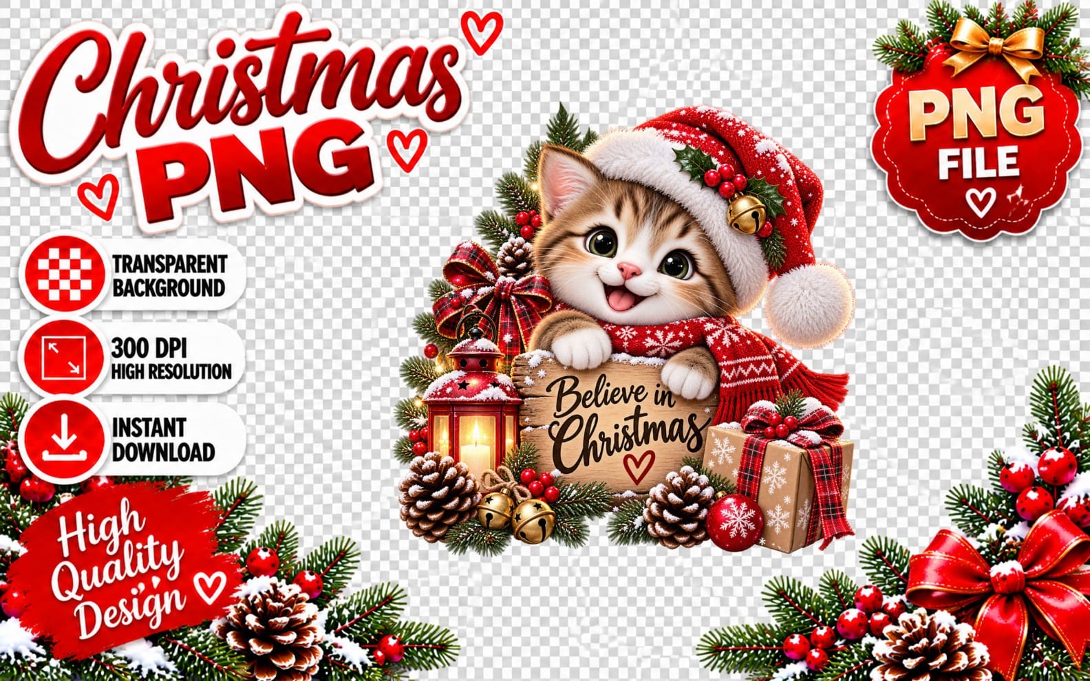 Cute kitten in Santa hat holding a sign that says Believe in Christmas, Christmas PNG sublimation design