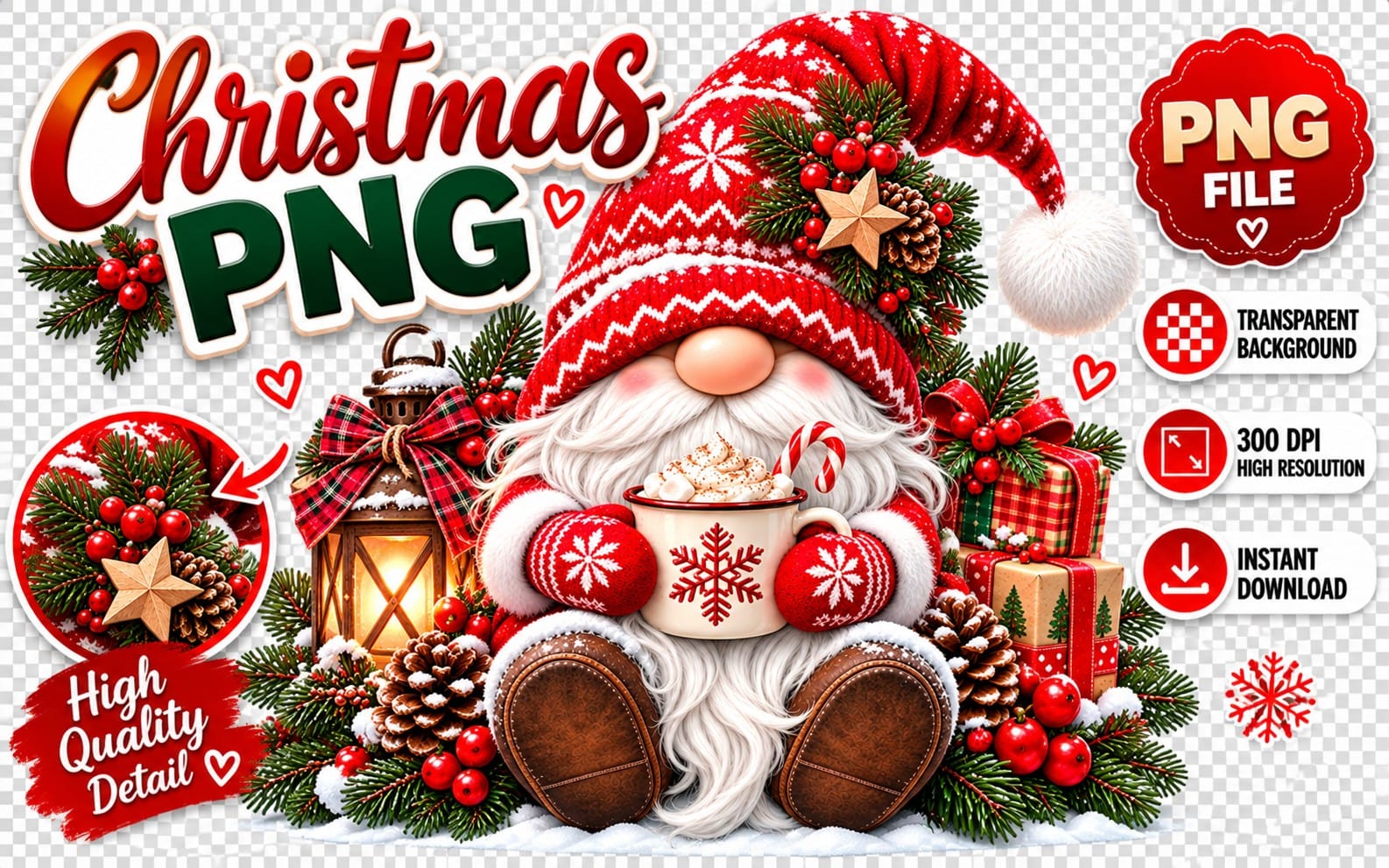 Cute Christmas gnome with red hat and mug, surrounded by pine, berries, and candy, PNG holiday clipart with transparent