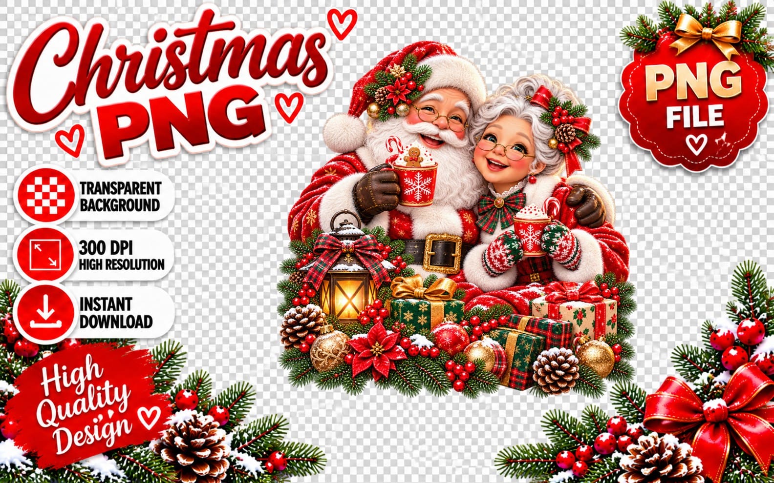 Cute Santa and Mrs Claus couple Christmas PNG with transparent background, bells and holiday decorations