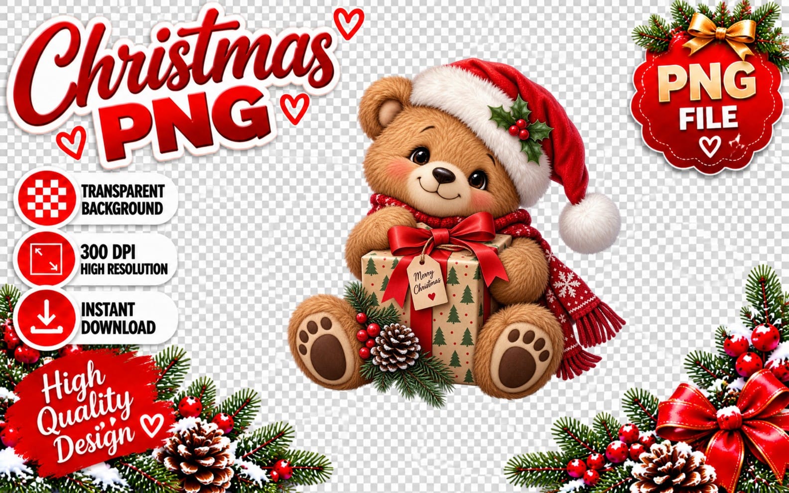 Cute Christmas teddy bear PNG with Santa hat and wrapped gift, Christmas sublimation design on transparent background