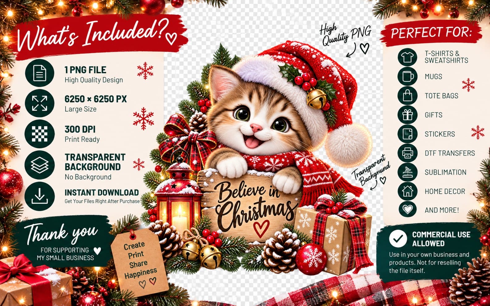 Cute Christmas kitten wearing a red Santa hat holding a small gift, Believe in Christmas sublimation PNG design