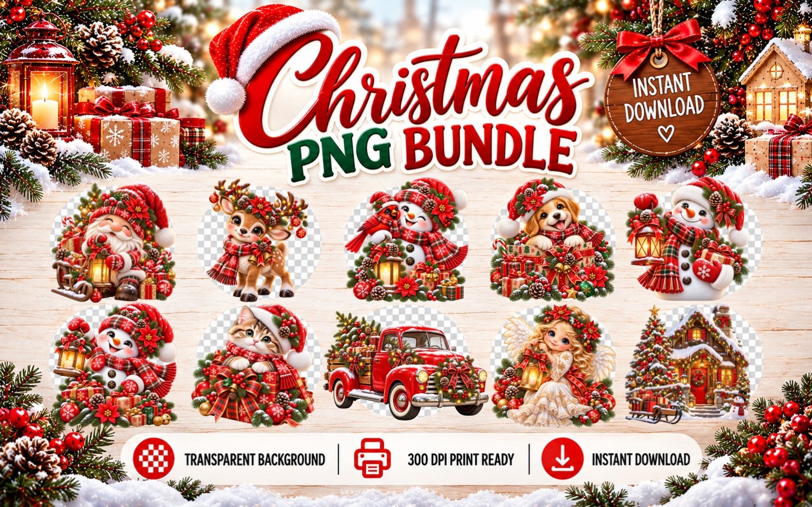 Christmas PNG bundle digital clipart with cute Santa, reindeer, snowman, and holiday items on transparent backgrounds