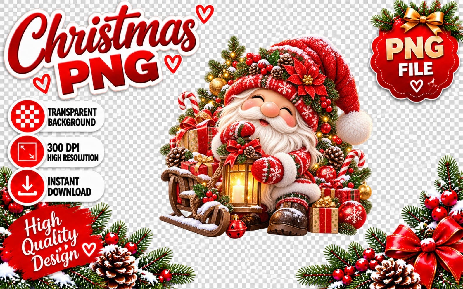 Cute Santa Claus PNG clipart holding a lantern and gifts with Christmas ornaments on transparent background