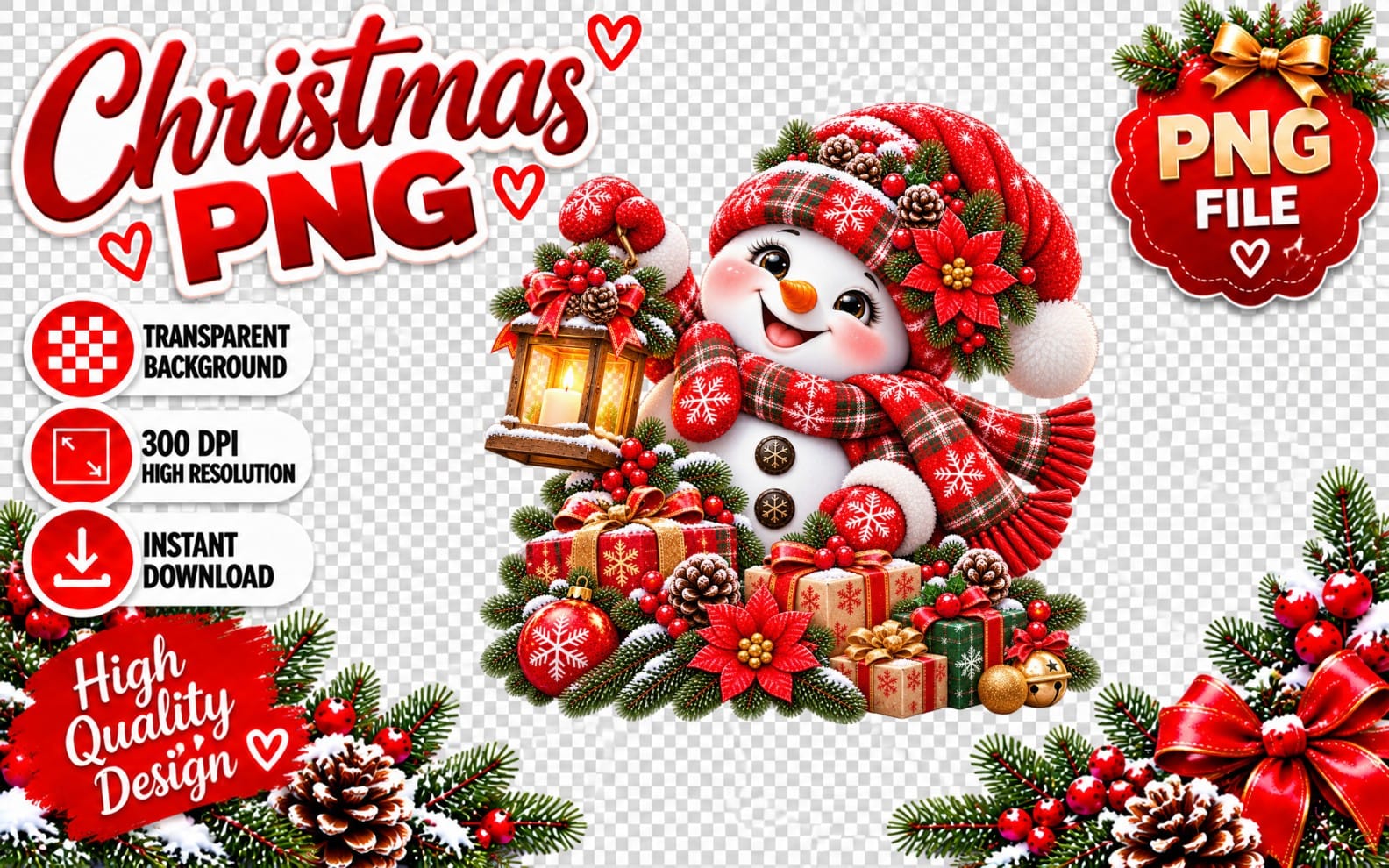 Cute happy Christmas snowman PNG clipart with lantern and gift boxes on transparent background
