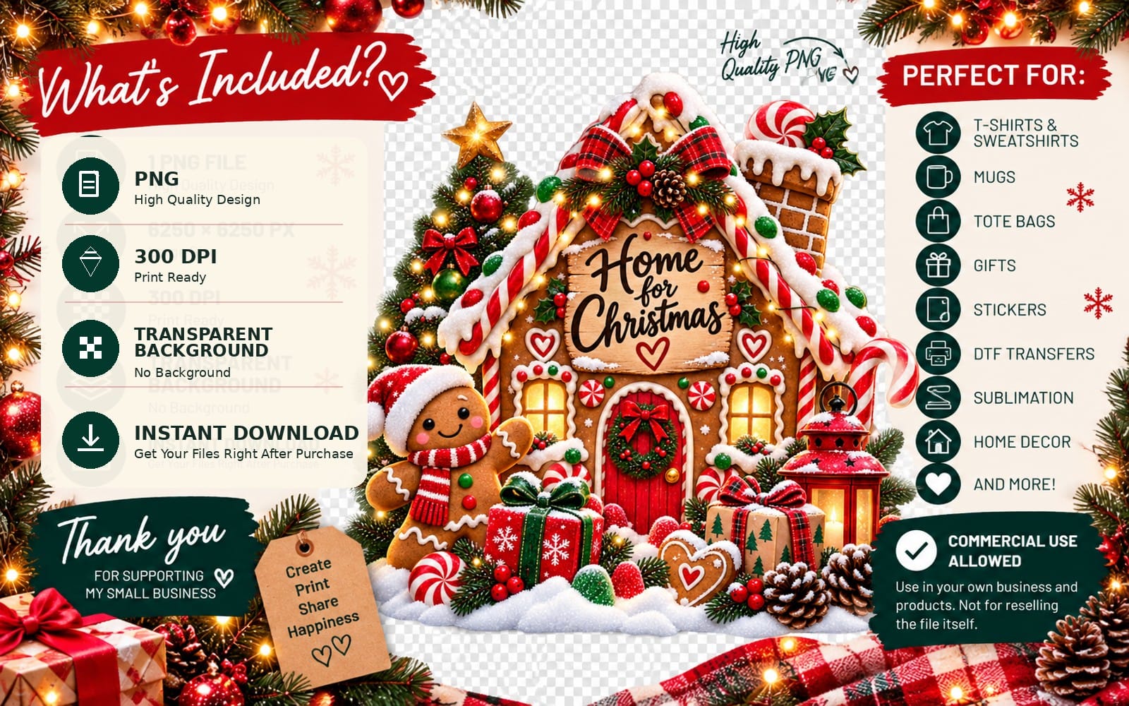 Christmas gingerbread house PNG design with candy decorations, wreath, and warm lights on a transparent background