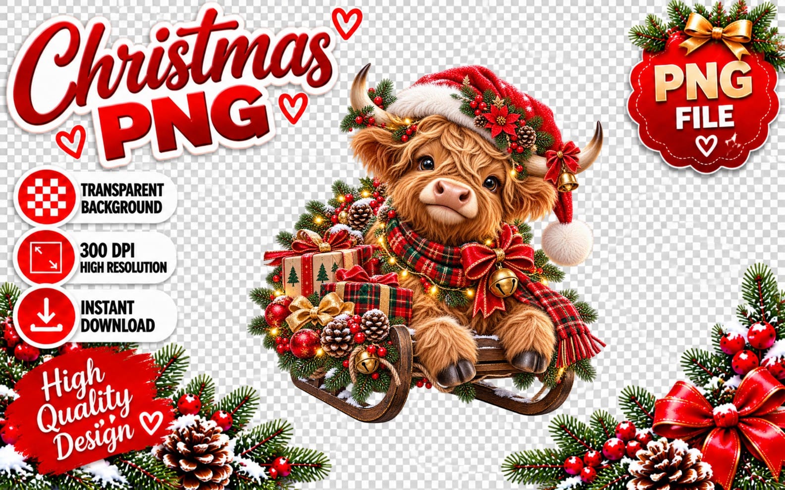 Cute Highland cow wearing a Christmas hat and scarf on a sleigh, surrounded by holiday gifts and decorations PNG file