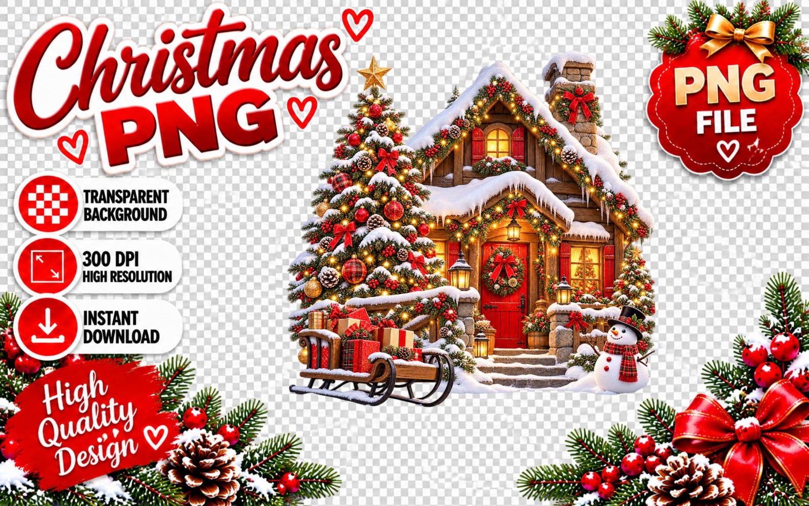 Cozy snowy Christmas cottage PNG clipart with Christmas tree, snowman, garlands, lights, and festive decorations
