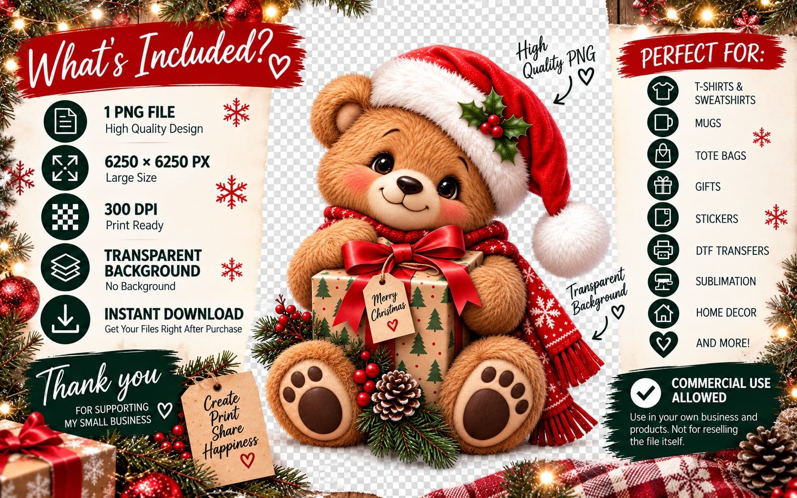 Cute Christmas teddy bear PNG with red Santa hat holding a gift, surrounded by festive holiday lights and text