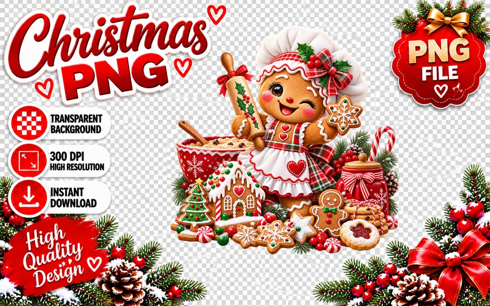 Cute Christmas gingerbread character with holiday cookies and sleigh decorations in a transparent PNG design bundle