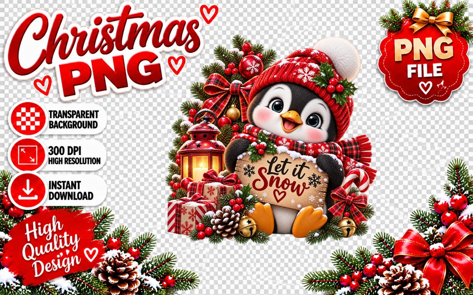 Cute Christmas penguin in Santa hat holding Let it Snow sign with gift and holiday decor PNG sublimation design