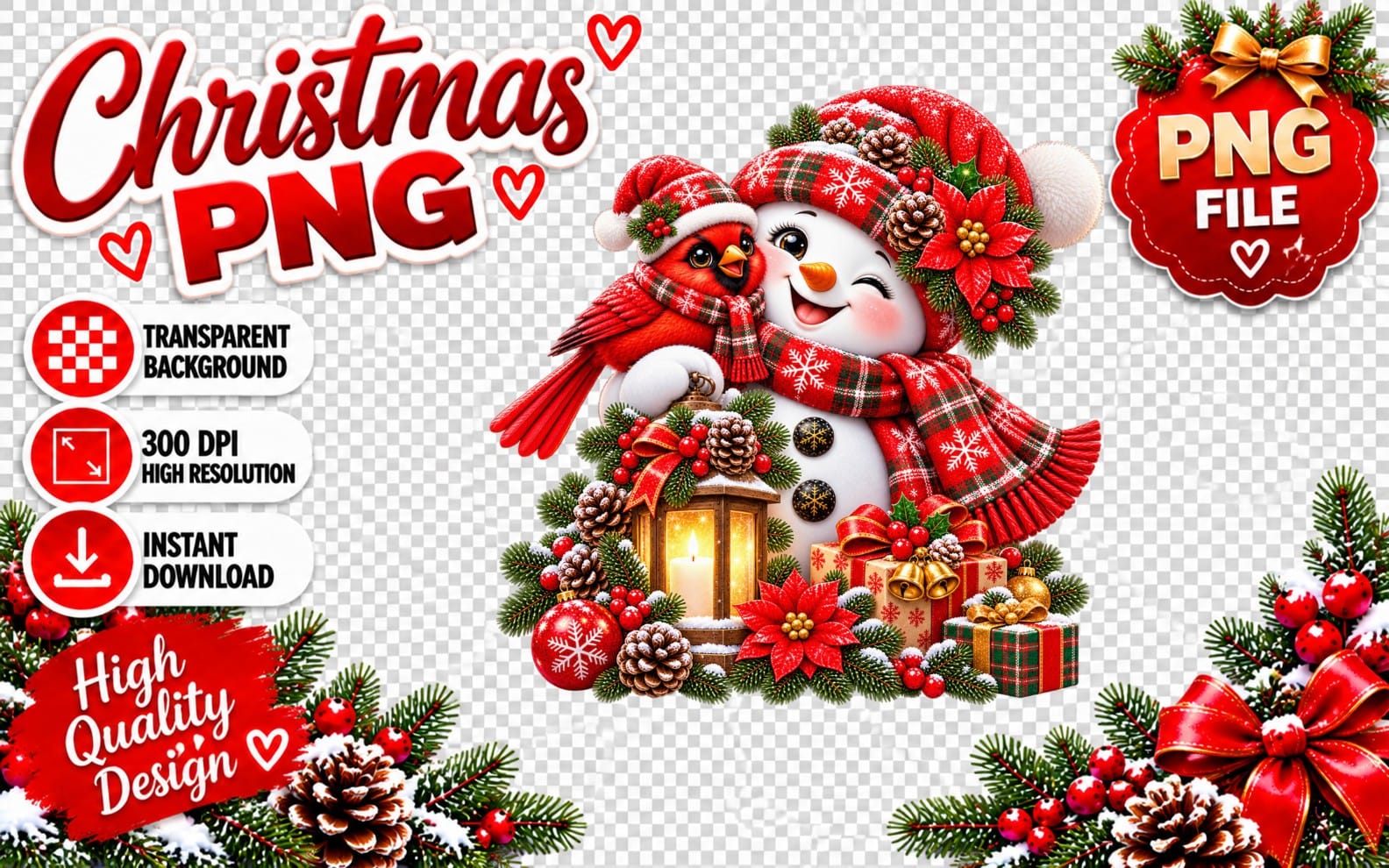 Cute Christmas snowman and red cardinal with holly, pine branches, lantern and gifts PNG clipart on transparent