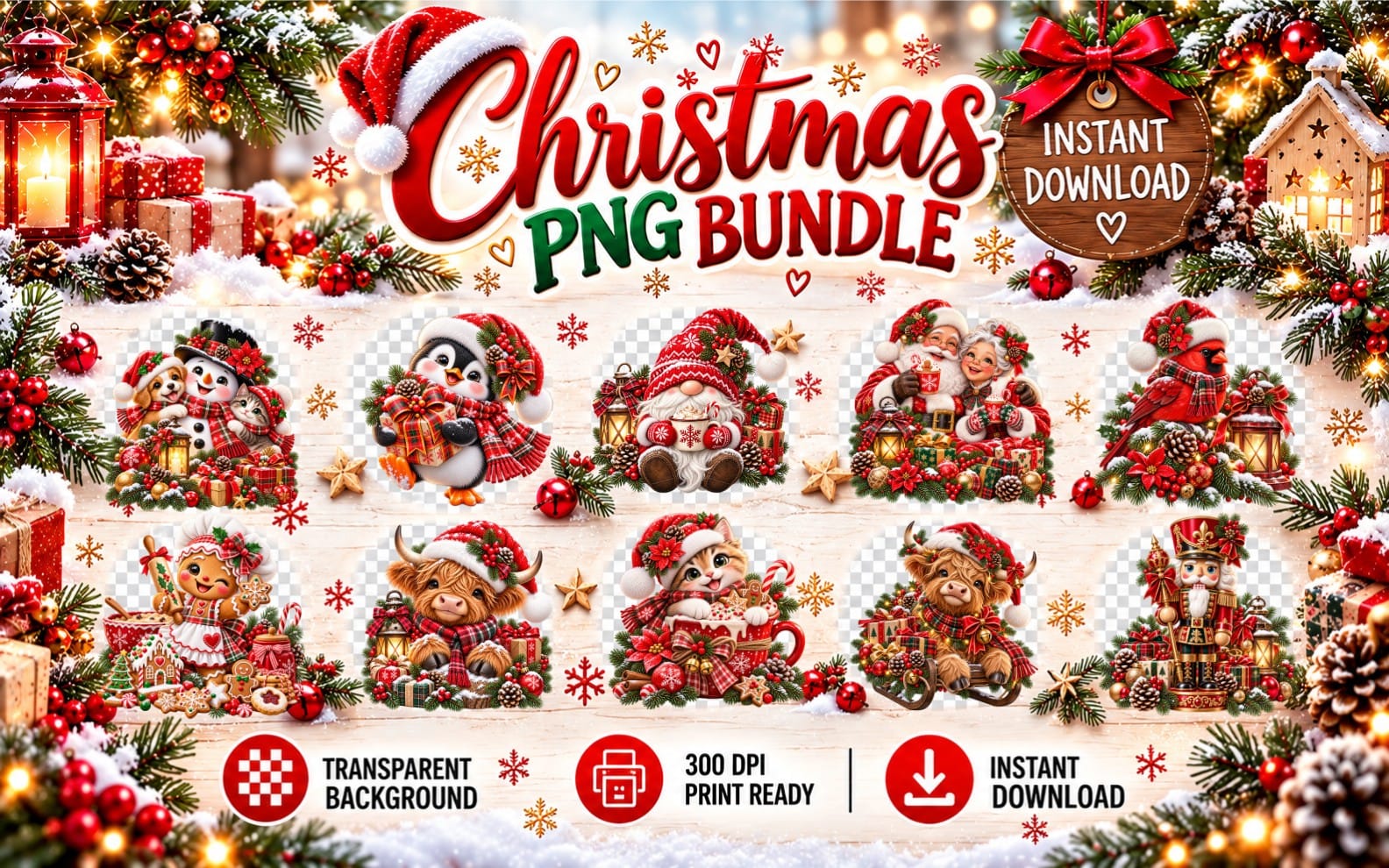 Christmas PNG bundle banner with cute holiday characters, lanterns, ornaments, and instant download graphics