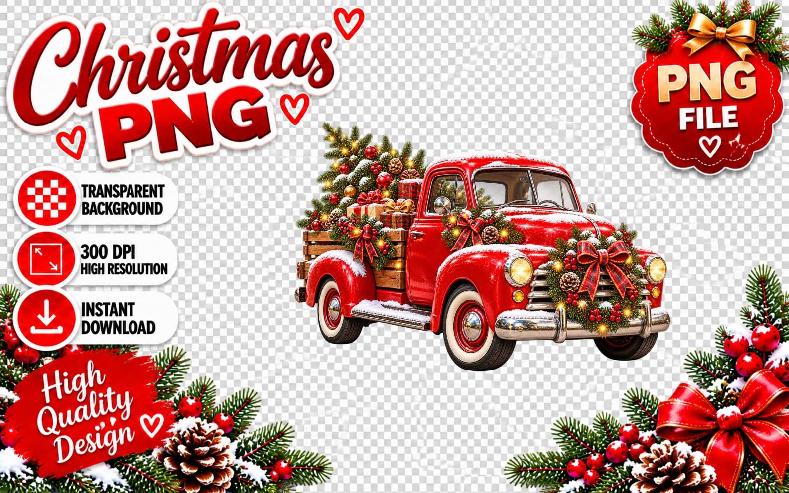 Vintage red Christmas truck PNG with Christmas tree, gifts, ornaments, and festive bows on a transparent background