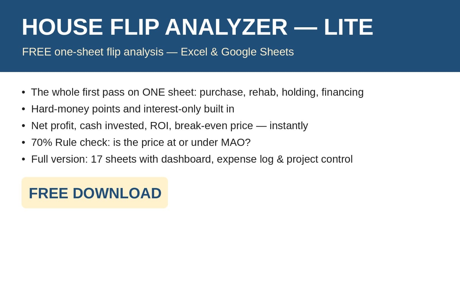 House Flip Analyzer Lite Excel and Google Sheets one-sheet flip analysis product landing page with bullet features and