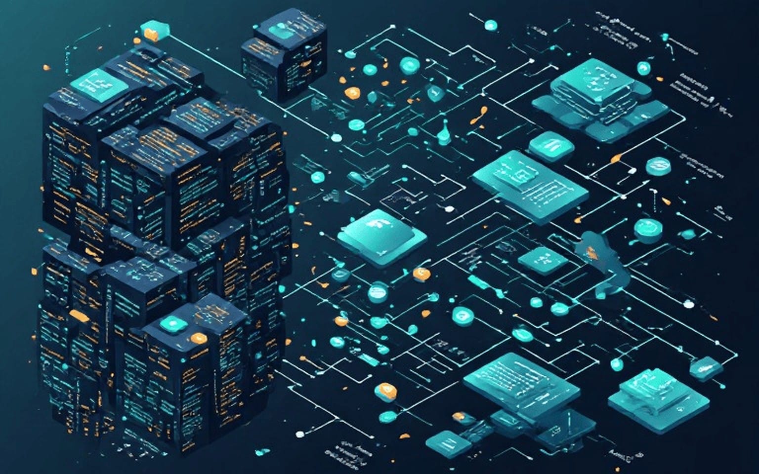 Teal digital illustration of interconnected C++ code blocks and AI workflow nodes representing an AI-assisted