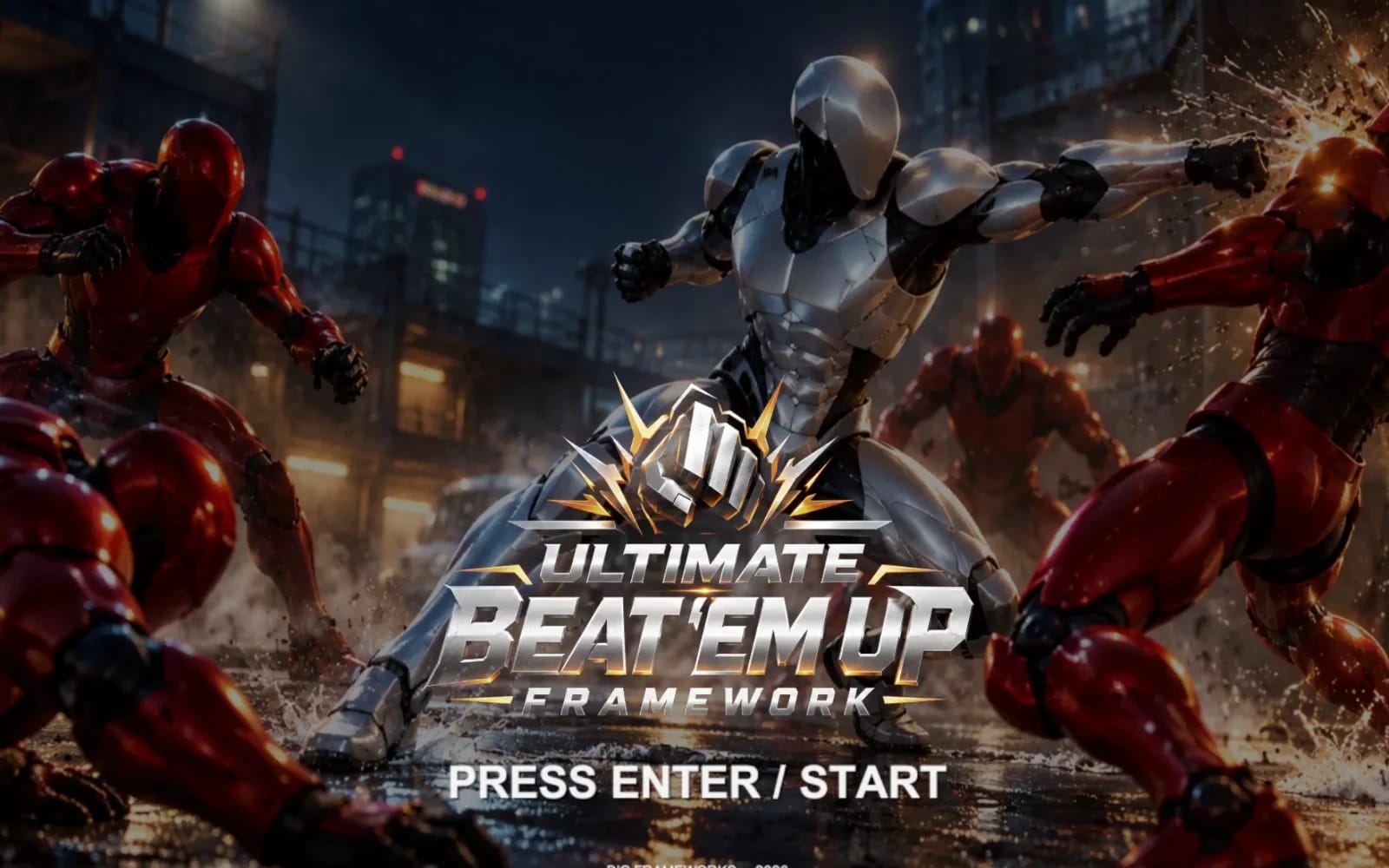 Futuristic robot and red armored fighters in a city street, Ultimate Beat 'Em Up framework promotional banner